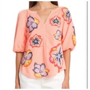 Anthropologie Maeve Embroidered Peasant Blouse Puff Sleeve Size Medium